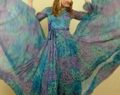Vintage 1960s Italian Couture Evening Dress Maxi by La Mendola in Silk Jersey Floral Print, Blue Green Purple