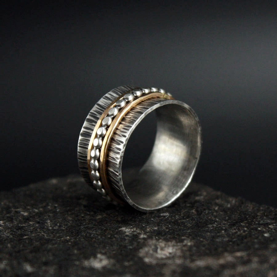 Spinner Ring Gold and Silver with 3 Bands - Recycled Sterling 14k Gold Fill Fidget Ring - FREE Shipping
