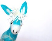 Blue Benedetto - Felt Donkey. Art Marionette Handmade Puppet  Stuffed  Toy. turguoise yellow aquamarine sky.  RESERVED for Betsy Rovetto. - TwoSadDonkeys