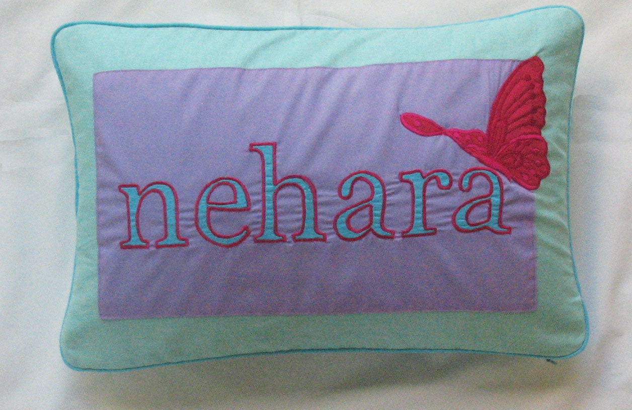 Custom made personalized word name pillow cushion covers 12X18 inch - aqua blue, purple and pink