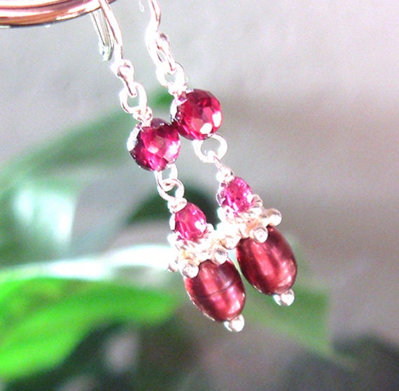 Rhodolite Garnet and Pearl Earrings, Gemstone Freshwater Pearl Sterling Silver