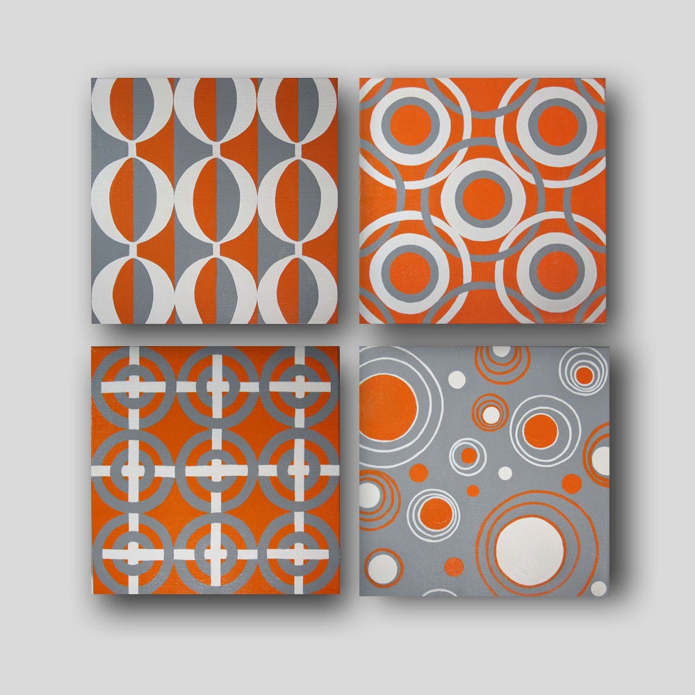 Hand Painted Original Orange & Grey Canvas Wall Art Set