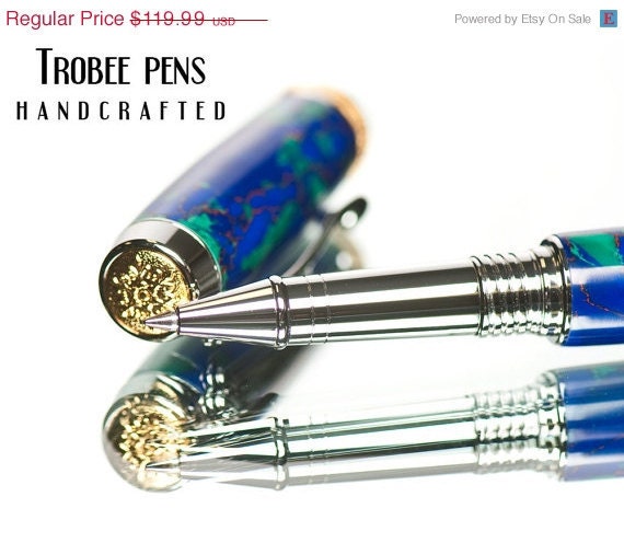 20% ALL PENS On SALE Now Rollerball Handmade Top of the Line Quality Pen Azurite and Malachite High Quality Collector Grade Rhodium Pen