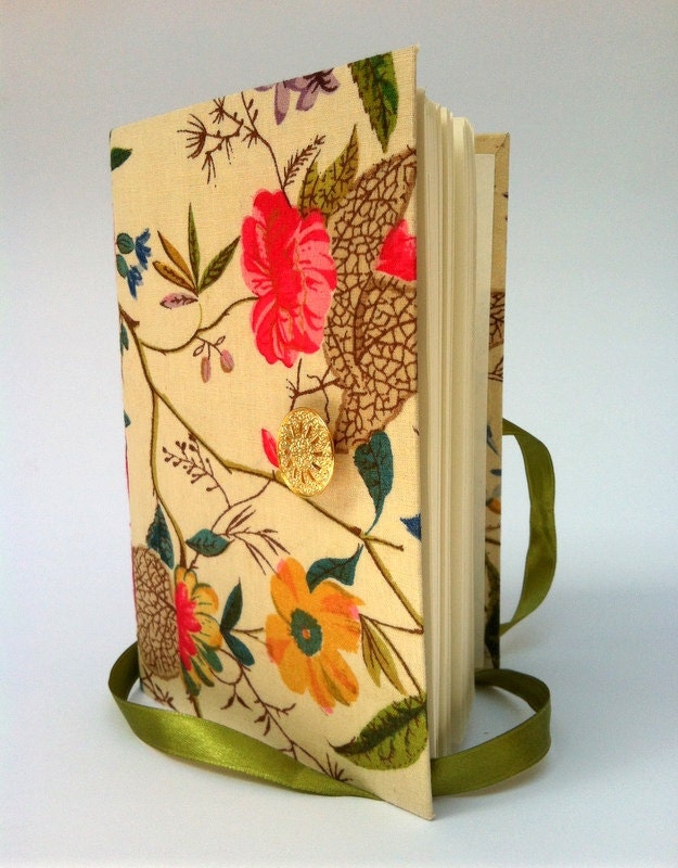 Handmade  Notebook / Journal / Diary  Designed with Colorful floral fabric, gold lace button and opens with a green satin ribbon - Newleafjournals