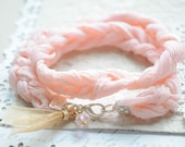Beach Bracelet No.4 -- Soft Pink Braided lace cord and ribbon tassel with czech glass - littlejarofhearts