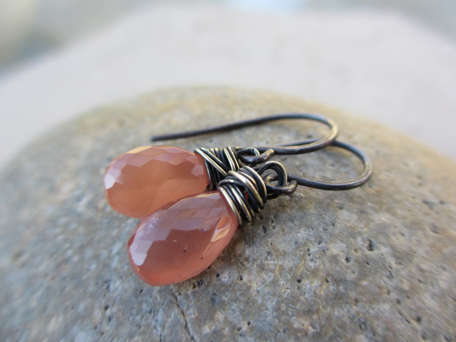 Rhodochrosite Earrings, Oxidized Silver, Sterling Silver, Burnt Orange Earrings, Salmon, Wire Wrapped, Irisjewelrydesign