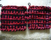 Handwoven Looper Potholders --- Black & Red --- Set of Two
