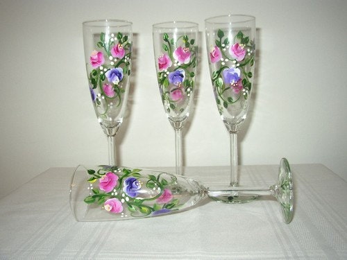 Hand Painted Champagne Flute with Roses