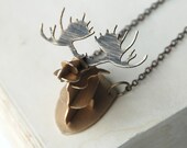 Moose Antlers Necklace 3D Rustic Brass Metalwork With Oxidized Finish
