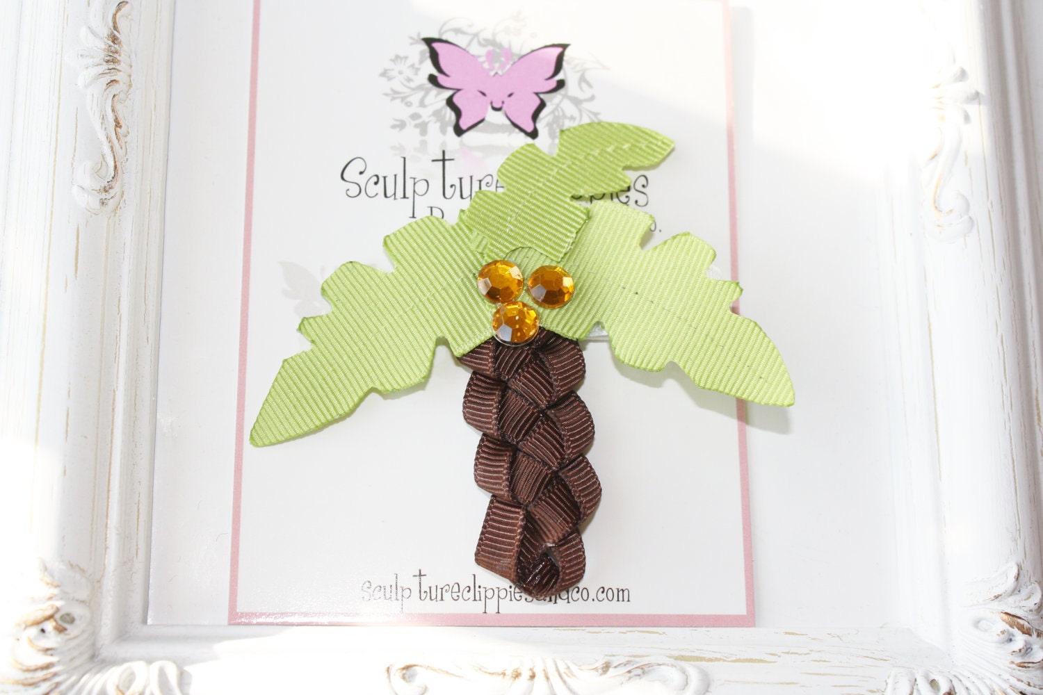Exotic Palm Tree Ribbon Sculpture Bow. Summer Tropical Tree Ribbon Sculpture Clip. Free Ship Promo.