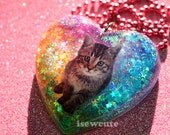 Cat Jewelry for Humans Cat Lover Resin Heart Necklace Full of Rainbow Tie Dye Glitter Handmade