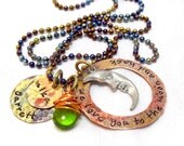 i Love you to the moon and back RUSTY Organic Hand Stamped Monogram Necklace - green tear drop - rustic washer