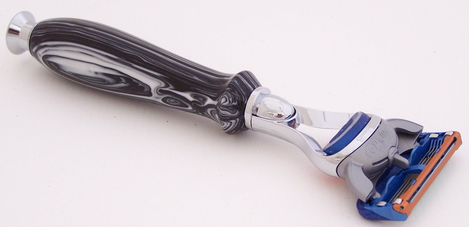 Black and White Banded Tru-Stone Fusion Razor Shaving Handle (Handmade in USA)