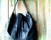 Large Black Upcycled Leather Hobo created from a Vintage Embossed Leather Bomber Jacket