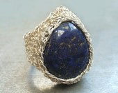 Lapis Lazuli Wire Crochet Ring Sterling Silver OOAK - Free Shipping