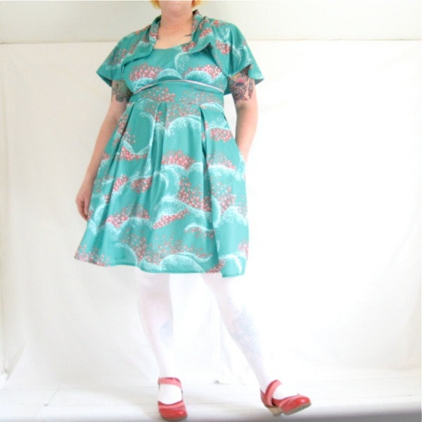 PrettyJadeFloral Dress with Capelet - plus size - green pink flowers vintage nylon knit fabric - 45B-37W-60H