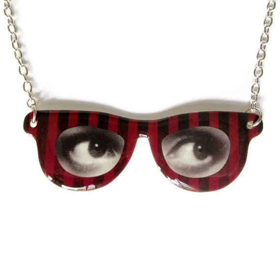Red Eyeglass Necklace Eye Frame Pendant Black Stripes Custom - TheSpangledMaker