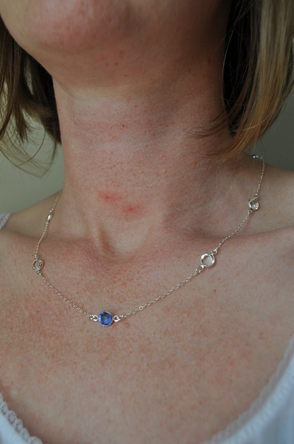 Blue Pebble Necklace - swarovski crystal sterling silver round link something blue - simple wedding jewelry
