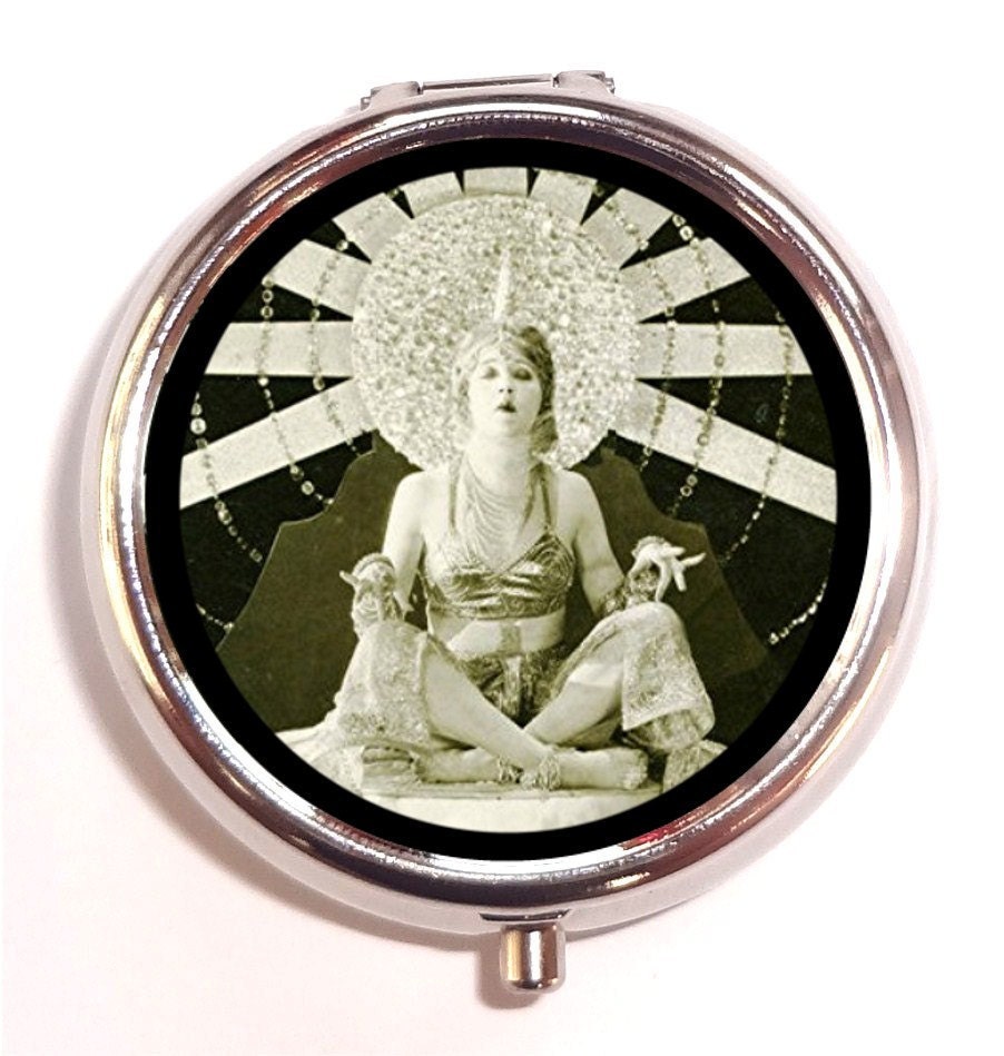 Meditating Follies Flapper Art Deco Jazz Age Pill Box Pillbox Case Trinket Box Vitamin Holder