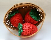 Strawberries set of 3 large crocheted in bright red with green leaves. Eco friendly and child safe toy or decor