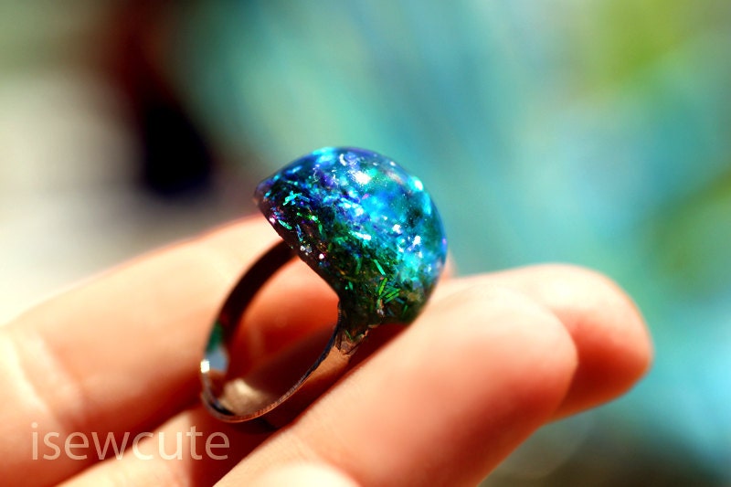 Deep Blue Sky Sea Green Beach Jewelry Glitter Resin Dome Ring Adjustable & Waterproof by isewcute