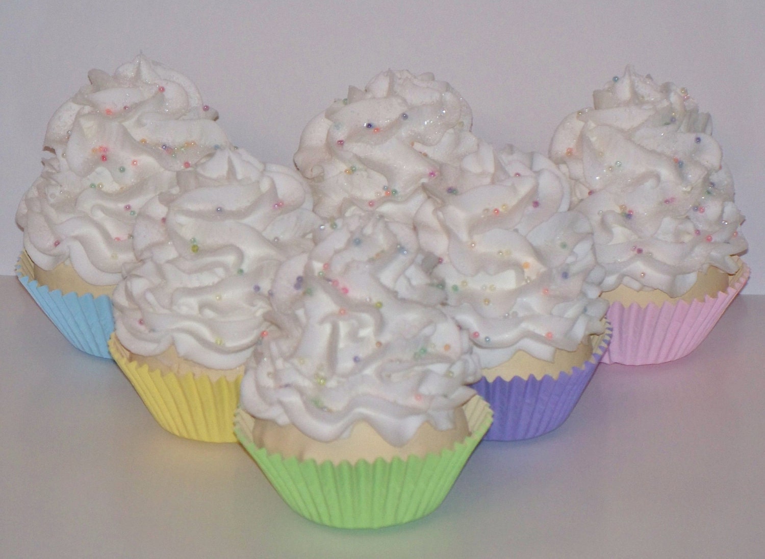 6 Vanilla Pastel  Fake Cupcakes Ideal for Fairytale Weddings, Tea Parties, Birthday Parties, Toppers, Wrappers, Photo Props