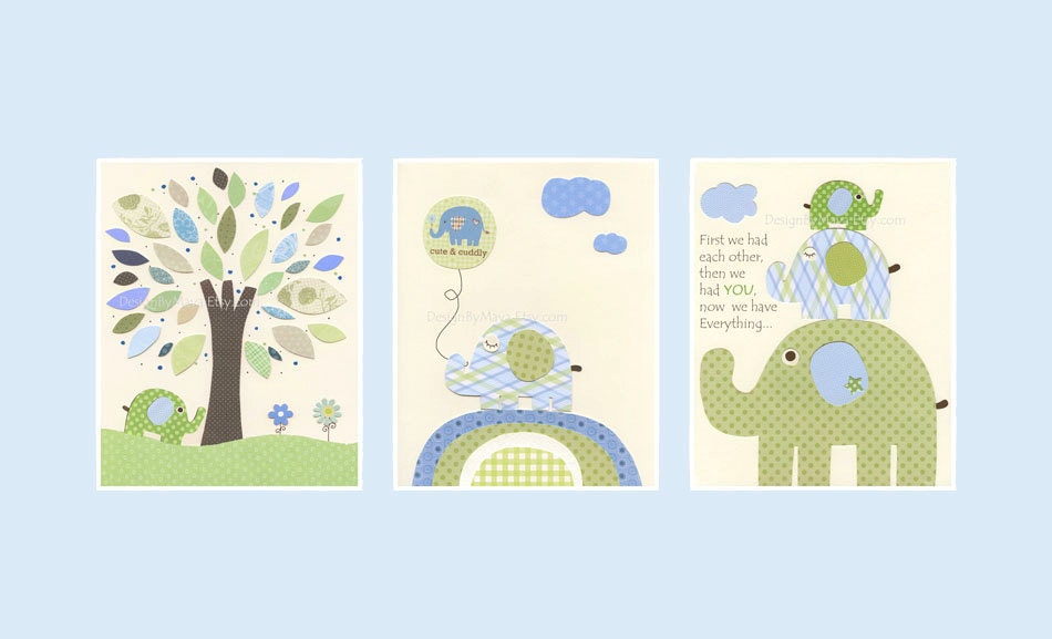 Baby boy, Nursery wall art Decor, Children Art print, Eli baby elephant...set of 3...match to the colors Eli's elephants from pottery barn