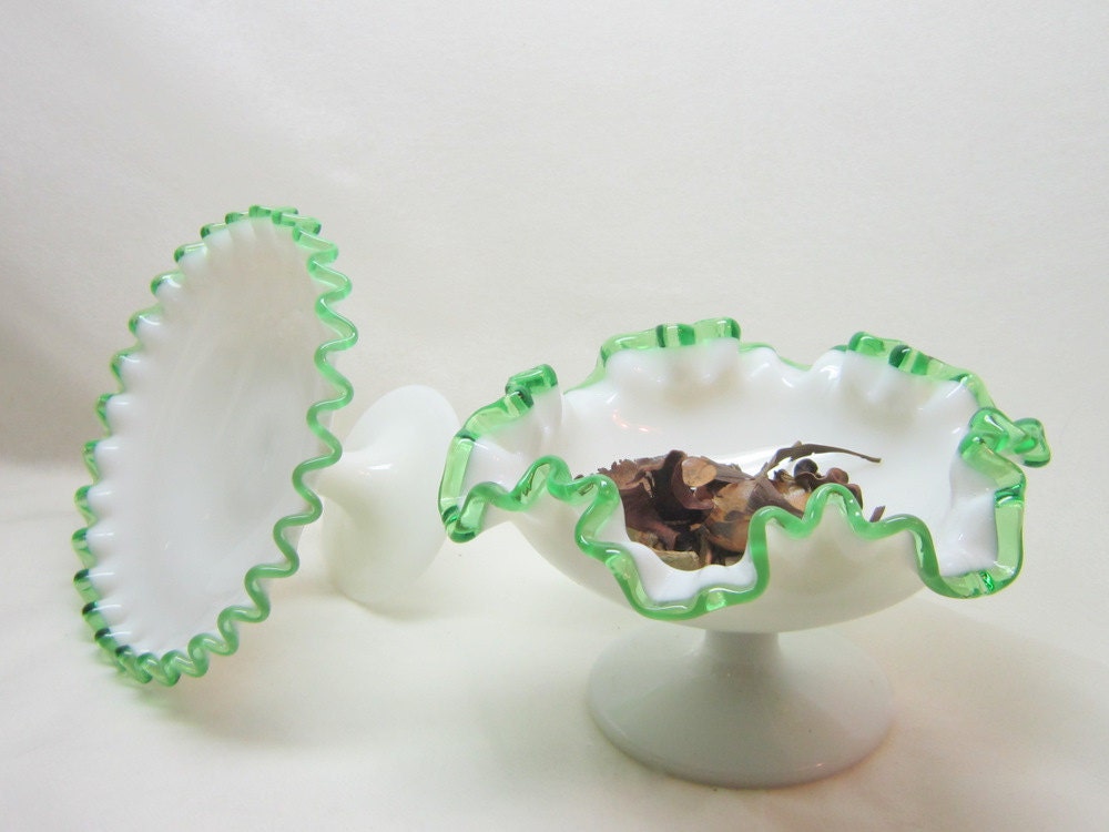 Antique Emerald Crest Fenton Milk Glass Bon Bon Plate Compote Bowl  Emerald Isle Gift for Her Wedding Party Home Decor