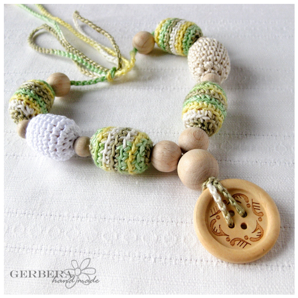 Nursing necklace/ Teething necklace for Mom to Wear and baby - soft green yellow white colors 100% cotton wood beads - RainbowGerbera