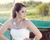 Pearl Necklace - Vintage Stye Wedding Jewelry, White, Crystal, Asymmetrical Flower, Two Strand