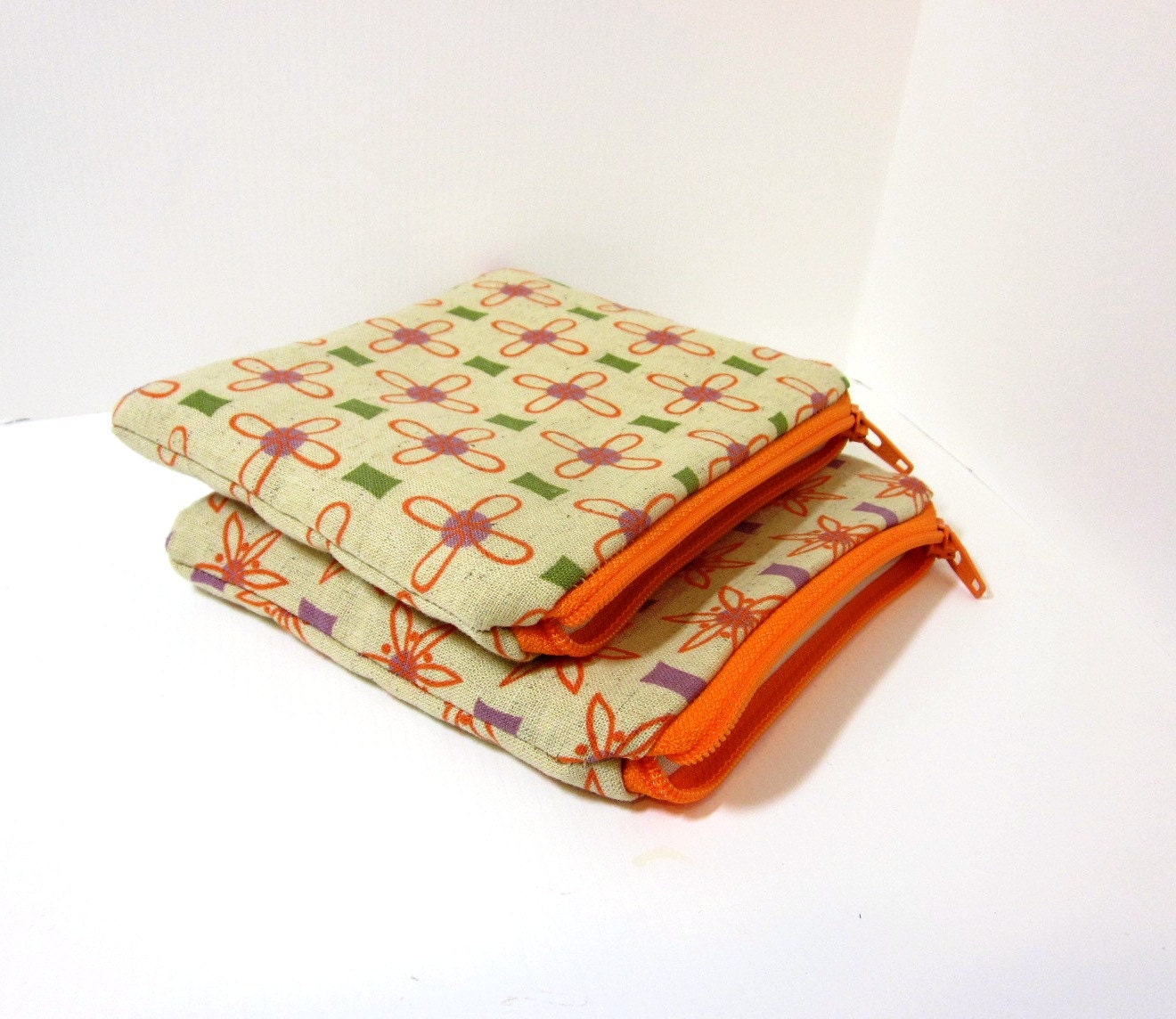Small Zipper Pouch Set - Japanese Print Orange Star Flowers
