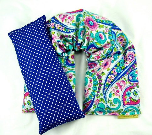 Herbal Neck Heat Wrap Eye Pillow Set Therapeutic Set Organic Flaxseed Rice Lavender Scented Blue Paisley Yoga Spa Holidays