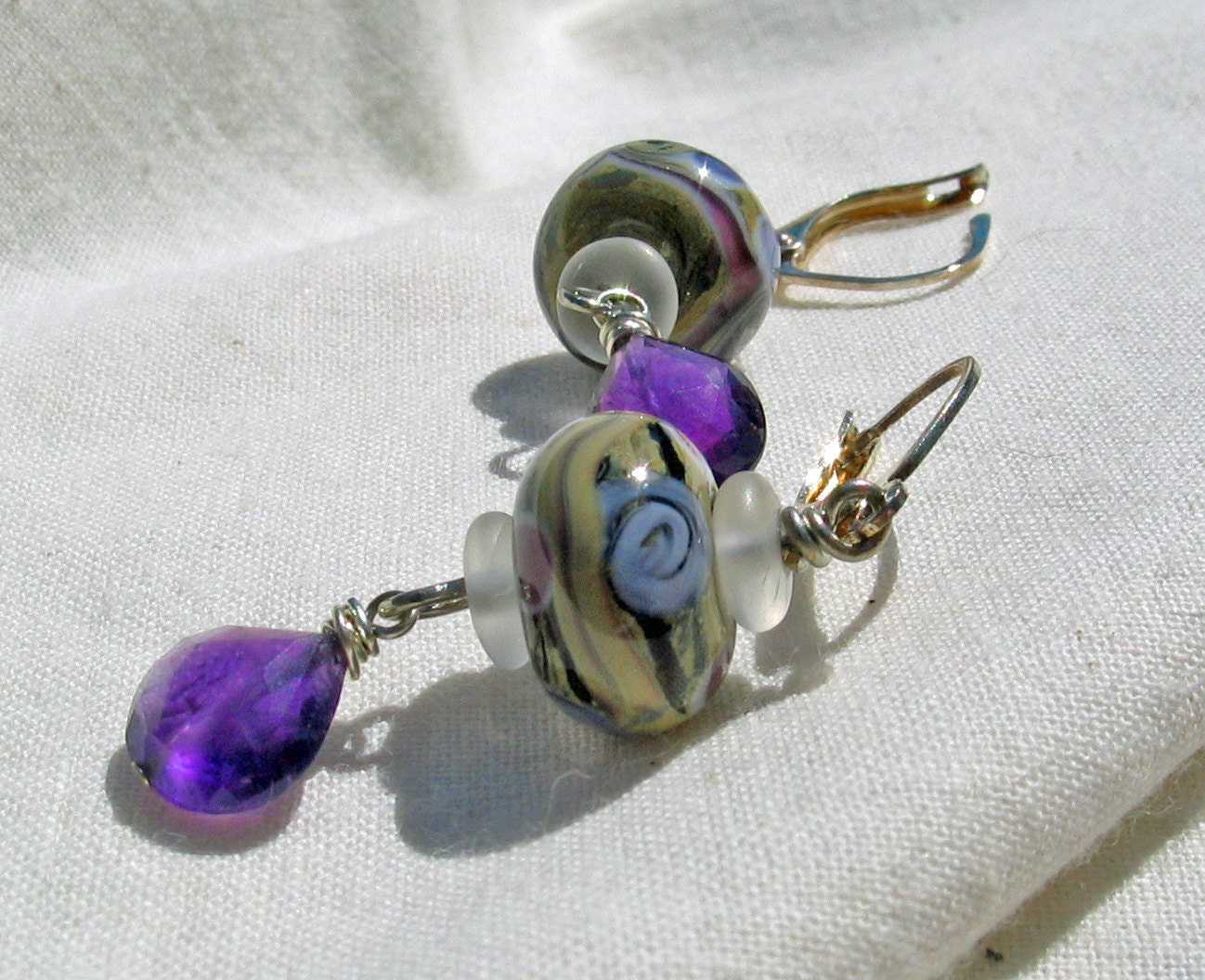 Lampwork and Amethyst Earrings - Dangles of Purple and Beige
