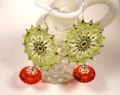 Vintage Style Faux Patina Filigree Stars and Red Fluted Focal Beads Adonia Earrings Spanish Style Fashion Gifts Under 30