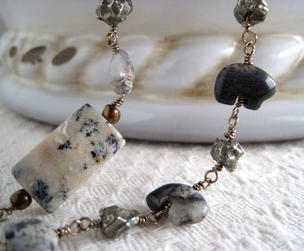 Moss Opal Zuni Bear Necklace Fetish Wire Wrapped Pyrite Nugget Rustic Stone