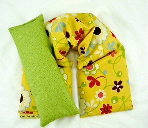 Neck Shoulder Heat Wrap Eye Pillow Set Organic Flaxseed Rice Lavender Scented  Floral Yellow Green Holidays Weddings Yoga Gift Idea