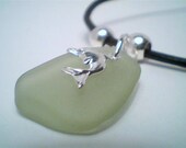 Genuine green beach sea glass gemstone pendant with dolphine charm jewelry handmade necklace