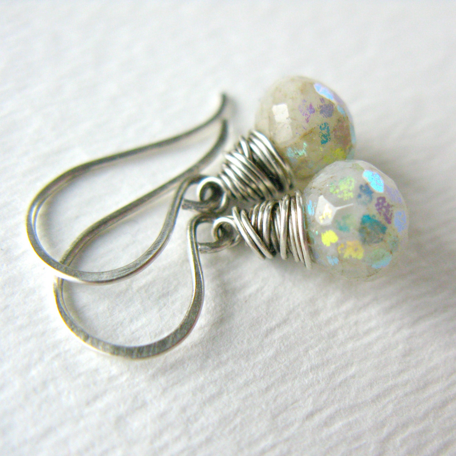 Aquamarine Silver Earrings AB Rainbow Oxidized Sterling Silver Wire Wrapped ..... Spring Showers ..... - SugarRococo