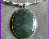sterling moss agate pendant on green and white swarovski crystal, CZ, and silver beaded memory wire necklace
