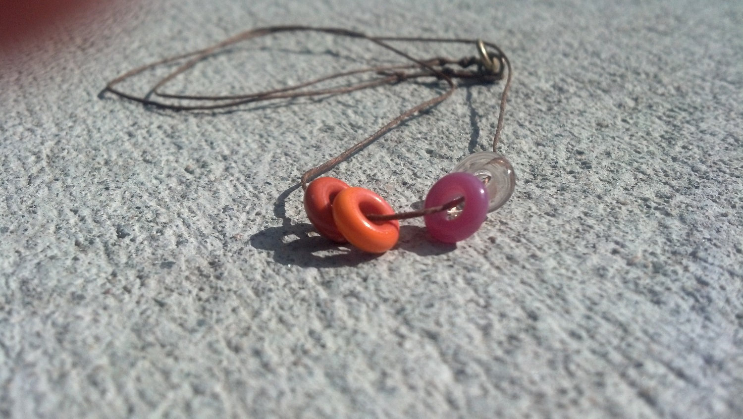 4 Circles Bead Necklace Brown Irish Waxed Linen Strand, Peach, Orange, Rose and Clear