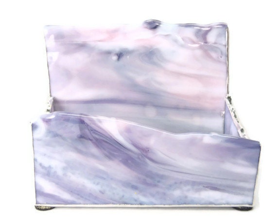 business card holder, stained glass, art glass, pink, purple, white, silver