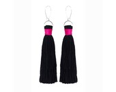 Mini Fringe Tassel Earrings Black and Hot pink