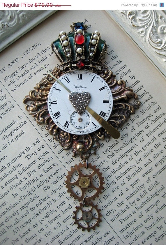 20% off EVERYTHING STEAMPUNK brooch antique pocket watch parts STERLING silver handmade heart gears Vintage ornate brass enamel crown rhine