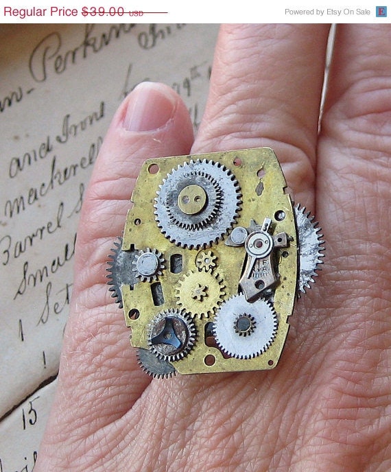 20% off EVERYTHING Steampunk Ring antique watch parts industrial mechanical gears wheels vintage clocks
