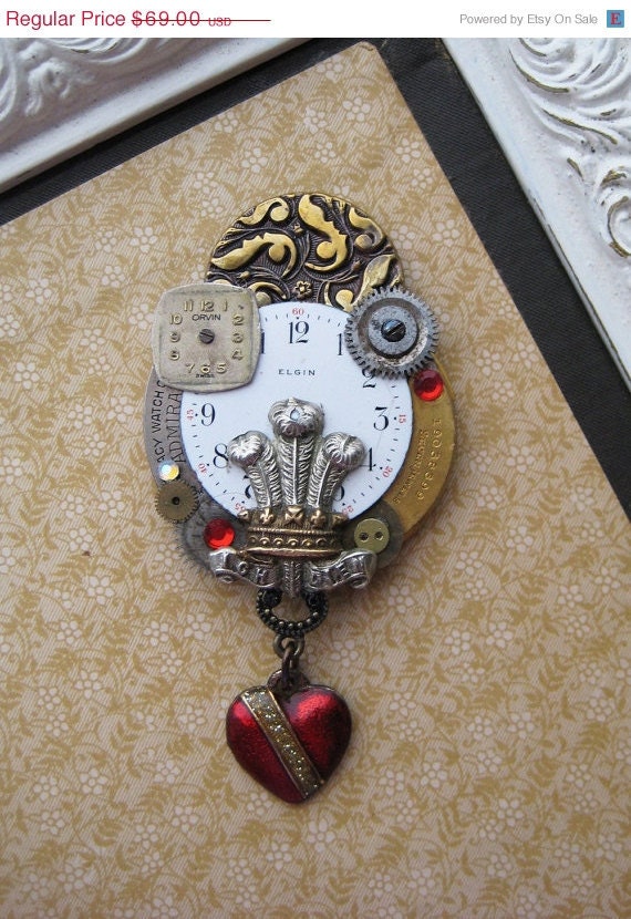 20% off EVERYTHING Steampunk Brooch German Military pin crown red enameld heart vintage watch parts gold and black button