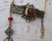 20% off EVERYTHING Steampunk Vintage Egyptian Scarab Mechanical Beetle NECKLACE antique blood red rhinestone jewellery watch parts