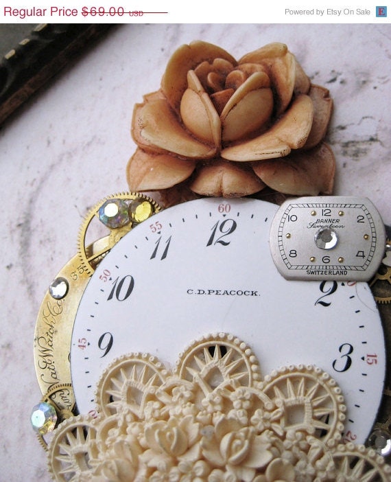 20% off EVERYTHING Steampunk Brooch Antique hand carved Ivory Owl beads Vintage Rose Cabochon Lace Flowers Victorian Watch Parts Peacock