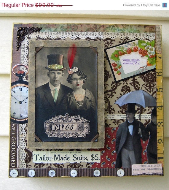 20% off EVERYTHING Steampunk Assemblage Collage antique photos Victorian Fashion Ephemera Vintage lace book pages pearl buttons imaginarium