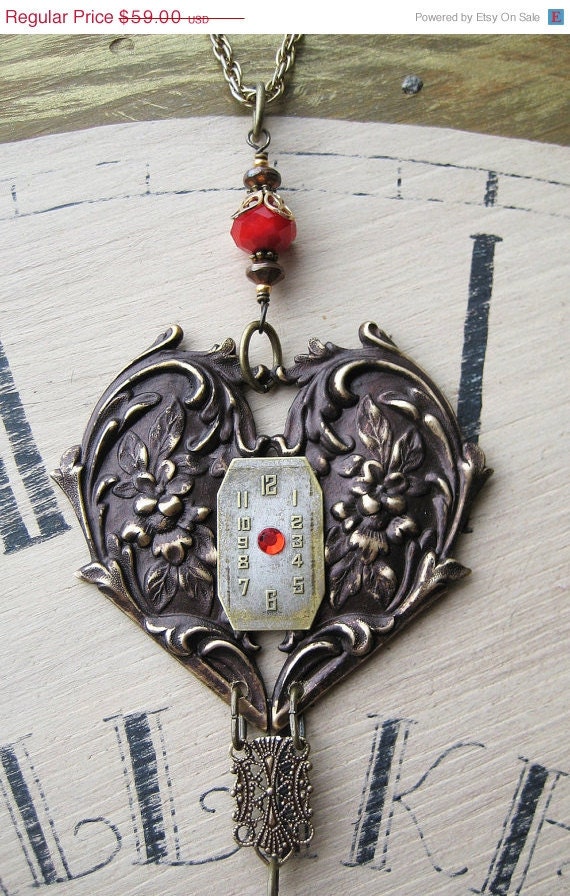 20% off EVERYTHING Steampunk Victorian Romance Necklace Orante Brass Heart watch parts antique red button glass beads OOAK