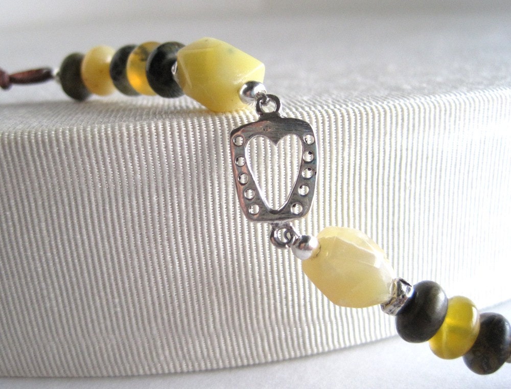Stone Bracelet Natural Turquoise Wood Opal Sterling Silver Heart Leather